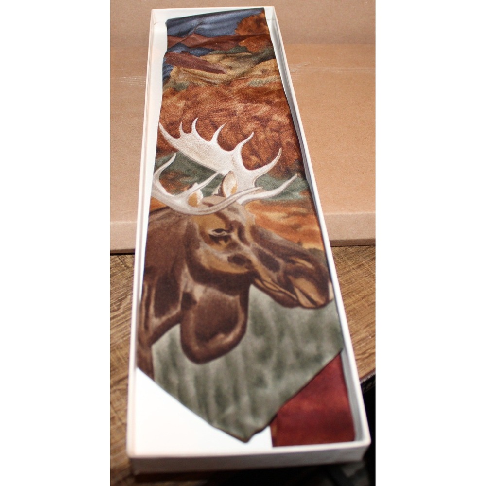 Vintage Moose Wildlife Scenic Silk Tie Brown Tan Nature Design 162 Made in USA